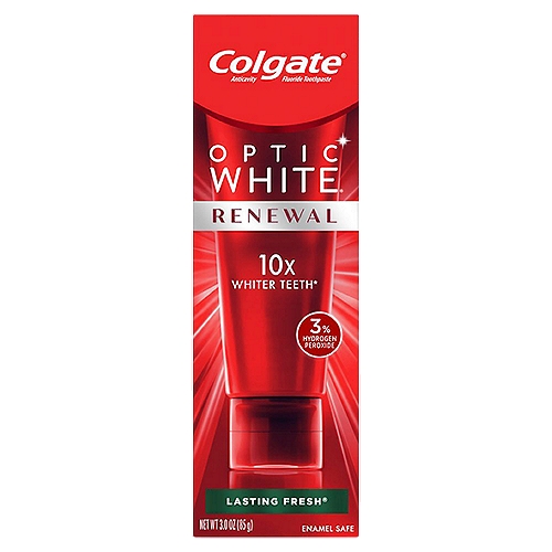 Colgate Optic White Renewal Lasting Fresh Teeth Whitening Toothpaste, 3.0 oz
Anticavity Fluoride Toothpaste

Our Patented Whitening Toothpaste Contains 3% Hydrogen Peroxide, Proven to Deeply Whiten Beyond Surface Stains.

Get Glowing with Colgate® Optic White® Renewal Toothpaste!
''Dazzling''... ''radiant''... ''goes beyond surface stains''! Our 3% hydrogen peroxide formula provides 10x whiter teeth* while being safe for enamel.
*vs. a fluoride toothpaste without hydrogen peroxide, after 4 weeks of use as directed

Drug Facts
Active ingredient - Purpose
Sodium monofluorophosphate 0.76% (0.12% w/v fluoride ion) - Anticavity

Use
Helps protect against cavities

Woman'sDay
Beauty Best Buy Award 2020

Award Winner 2020 Newbeauty®
The Beauty Authority

Good Housekeeping - Best Beauty Awards 2020