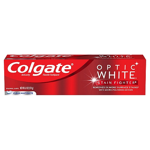 Colgate Optic White Stain Fighter Clean Mint Paste Whitening Toothpaste 6.0 oz
Colgate Optic White Stain Fighter is a stain removal whitening toothpaste with micro-polishing action to remove 5X more surface stains*. This Colgate Optic White toothpaste contains clinically proven technology that safely removes surface stains and helps prevent new stains from forming, so your teeth stay whiter longer. *vs. ordinary non whitening toothpaste, after 2 weeks of continued use

tooth whitening toothpaste, mint gel toothpaste, gel toothpaste, toothpaste gel, teeth whiteners, stain removers. stain removal toothpaste, cavity protection toothpaste, total toothpaste, charcoal toothpaste, teeth whitening, whitening toothpaste, natural toothpaste, organic toothpaste, spearmint toothpaste, wintergreen toothpaste