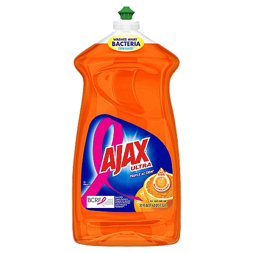 Ajax Ultra Triple Action Dishwashing Liquid Dish Soap, Orange Scent - 52 Fluid Ounce
Boost your mood and your dishwashing experience with the lively scent of Ajax's Orange while it washes away bacteria from your hands.

Dish soap, dishsoap, dishwashing, hand dish soap, hand, moisturizing, non-drying, cuts through grease, greasy, great scent, best, grime, pots, pans, gentle, environmetally friendly, stubborn food, cleaning, scrub, safe, value, concentrated, detergent, gentleness, soapy, mild scent, oil, cutting grease, thick, stuck on food, detergent

Washes Away Bacteria from Hands**
**When used as a handsoap, to wash away dirt and bacteria from hands, wash them for 20 seconds under clean running water.

Ajax® Ultra Triple Action†
† • Washes away bacteria from hands**
• Fights odor on dishes
• Cuts grease

Made for Everyday Heroes
Naturally inspired fragrances
0% parabens and phosphates
100% biodegradable active ingredients