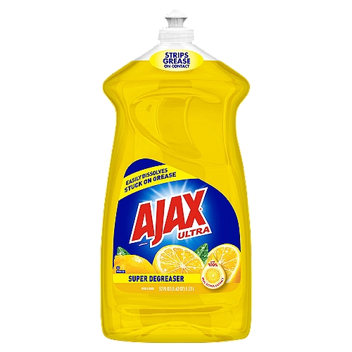 Ajax Ultra Super Degreaser Dishwashing Liquid Dish Soap, Lemon Scent - 52 Fluid Ounce
Delight in the fresh, clean aroma of Ajax's Lemon while getting your dishes spotlessly clean.

Dish soap, dishsoap, dishwashing, hand dish soap, hand, moisturizing, non-drying, cuts through grease, greasy, great scent, best, grime, pots, pans, gentle, environmetally friendly, stubborn food, cleaning, scrub, safe, value, concentrated, detergent, gentleness, soapy, mild scent, oil, cutting grease, thick, stuck on food, detergent

Made with strength and water, dissolves ingredients, ammonium lauryl sulfate removes dirt and oil, ammonium laureth sulfate or ammonium C12-15 alkyl sulfate removes dirt and oil, ammonium C12-15 pareth sulfate removes dirt and oil, sodium chloride controls thickness, lauramidopropylamine oxide removes dirt and oil, polaxamer 124 controls thickness, fragrance adds a fresh scent, pentrasodium pentetate maintains stability and performance, methylisothiazolinone maintains shelf life, benzisothiazolinone maintains shelf life, colorants adds color to product.

Washes Away Bacteria from Hands*
*When used as a hand soap. Wash away dirt and bacteria for good hand hygiene. Healthcare agencies recommend to wet hands with clean water, lather, scrub for 20 seconds and rinse.