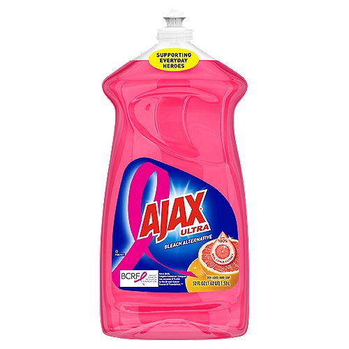 Ajax Ultra Bleach Alternative Dishwashing Liquid Dish Soap, Grapefruit Scent - 52 Fluid Ounce
Powerful dish soap formula with the invigorating, uplifting scent of grapefruit.

Dish soap, dishsoap, dishwashing, hand dish soap, hand, moisturizing, non-drying, cuts through grease, greasy, great scent, best, grime, pots, pans, gentle, environmetally friendly, stubborn food, cleaning, scrub, safe, value, concentrated, detergent, gentleness,  soapy, mild scent, oil, cutting grease, thick, stuck on food, detergent

Made with strength and water, dissolves ingredients, ammonium lauryl sulfate removes dirt and oil, ammonium laureth sulfate or ammonium C12-15 alkyl sulfate removes dirt and oil, ammonium C12-15 pareth sulfate removes dirt and oil, sodium chloride controls thickness, lauramidopropylamine oxide removes dirt and oil, poloxamer 124 controls thickness, fragrance adds a fresh scent, pentasodium pentetate maintains stability and performance, methylisothiazolinone maintains shelf life, benzisothiazolinone mantains shelf life, methylchloroisothiazolinone maintains shelf life, colorants adds color to product.

Washes Away Bacteria from Hands*
*When used as a hand soap. Wash away dirt and bacteria for good hand hygiene. Healthcare agencies recommend to wet hands with clean water, lather, scrub for 20 seconds and rinse.

Tough Jobs Beyond Dishwashing
Pre-Treat Laundry, Wash Tires, Wipe Appliances