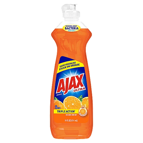 Ajax Ultra Orange Dish Liquid & Hand Soap, 14 fl oz
Ajax Triple Action Orange Dish Liquid provides a pleasant and powerful cleaning experience with the lively scent of oranges while leaving your dishes sparkling clean. This product cuts grease to get dishes clean and spotless. This product also washes away bacteria on hands (when used as a handsoap, to wash away dirt and bacteria from hands, wash them for 20 seconds under clean running water) and fights odor on dishes. This dishwashing liquid is kosher and phosphate free.

Dish soap, dishsoap, dishwashing, hand dish soap, hand, moisturizing, non-drying, cuts through grease, greasy, great scent, best, grime, pots, pans, gentle, environmetally friendly, stubborn food, cleaning, scrub, safe, value, concentrated, detergent, gentleness,  soapy, mild scent, oil, cutting grease, thick, stuck on food, detergent