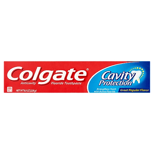 Colgate Cavity Protection Great Regular Flavor Toothpaste, 8.0 oz
Anticavity Fluoride Toothpaste

Use
Helps protect against cavities

Drug Facts
Active ingredient - Purpose
Sodium monofluorophosphate 0.76% (0.15% w/v fluoride ion) - Anticavity