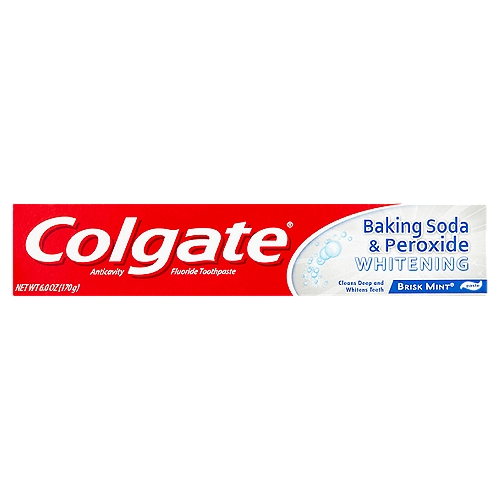 Colgate Baking Soda & Peroxide Whitening Brisk Mint Toothpaste, 6.0 oz
Anticavity Fluoride Toothpaste

Use
Helps protect against cavities

Drug Facts
Active ingredient - Purpose
Sodium monofluorophosphate 0.76% (0.14% w/v fluoride ion) - Anticavity