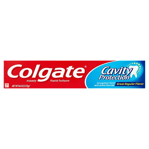 Colgate Cavity Protection Great Regular Flavor Toothpaste, 6.0 oz
Anticavity Fluoride Toothpaste

Use
Helps protect against cavities

Drug Facts
Active ingredient - Purpose
Sodium monofluorophosphate 0.76% (0.15% w/v fluoride ion) - Anticavity