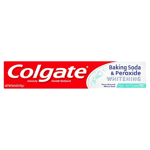 Colgate Baking Soda & Peroxide Whitening Frosty Mint Stripe Gel Toothpaste, 6.0 oz
Anticavity Fluoride Toothpaste

Use
Helps protect against cavities

Drug Facts
Active ingredient - Purpose
Sodium monofluorophosphate 0.76% (0.14% w/v fluoride ion) - Anticavity