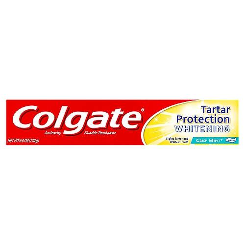 Colgate Tartar Protection Whitening Crisp Mint Toothpaste, 6.0 oz
Anticavity Fluoride Toothpaste

Use
Helps protect against cavities

Drug Facts
Active ingredient - Purpose
Sodium fluoride 0.24% (0.16% w/v fluoride ion) - Anticavity