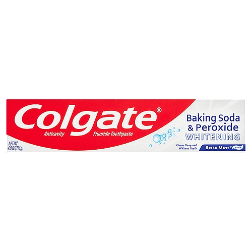 Colgate Baking Soda and Peroxide Whitening Toothpaste, with a great Brisk Mint flavor, refreshes & cleans for whiter teeth.