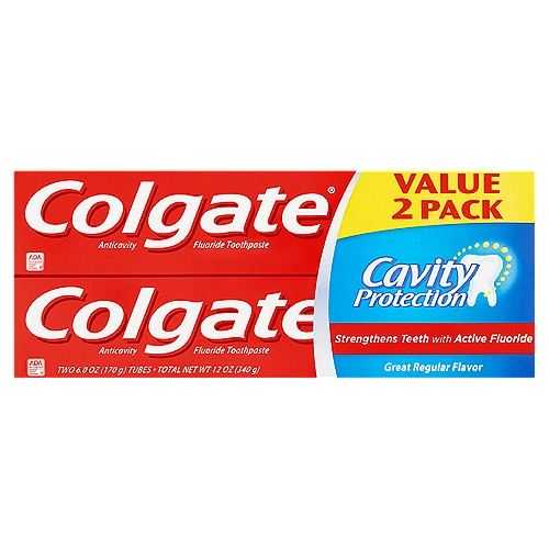 Colgate Cavity Protection Great Regular Flavor Toothpaste Value Pack, 6.0 oz, 2 count
Anticavity Fluoride Toothpaste

Use
Helps protect against cavities

Drug Facts
Active ingredient - Purpose
Sodium Monofluorophosphate 0.76% (0.15% w/v fluoride ion) - Anticavity