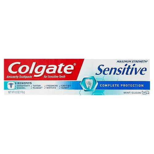 Colgate Sensitive Maximum Strength Complete Protection Mint Clean Toothpaste, 6.0 oz
Anticavity Toothpaste for Sensitive Teeth

Maximum strength*
* Maximum strength FDA allowed antisensitivity active ingredient

This daily protection toothpaste was developed to provide a complete set of 8 essential oral care benefits for a healthy mouth.
✓ Sensitivity relief
✓ Enamel strength
✓ Cavity protection
✓ Fights tartar
✓ Plaque control†
✓ Healthy gums†
✓ Fresh breath
✓ Whitening
† Promotes healthy gums and removes plaque with regular brushing

How does Colgate® Sensitive Complete Protection work?
Colgate® Sensitive Complete Protection has a clinically proven active ingredient that soothes the nerves and builds increasing protection against painful sensitivity with regular use.

Uses
• builds increasing protection against painful sensitivity of the teeth to cold, heat, acids, sweets or contact
• helps protect against cavities

Drug Facts 
Active ingredients - Purpose
Potassium nitrate 5% - Antisensitivity
Sodium fluoride 0.24% (0.14% w/v fluoride ion) - Anticavity
