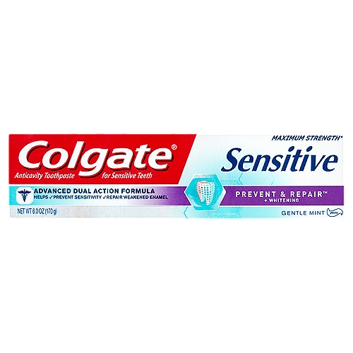 Colgate Sensitive Prevent & Repair + Whitening Gentle Mint Toothpaste, 6.0 oz
Anticavity Toothpaste for Sensitive Teeth

Maximum strength*
* Maximum strength FDA allowed antisensitivity active ingredient

The advanced dual action formula of Colgate® Sensitive Prevent & Repair™
✓ Helps prevent painful sensitivity with a clinically proven formula
✓ Helps repair weakened parts of sensitive teeth and strengthen enamel with fluoride

How does Colgate® Sensitive Prevent & Repair™ work?
Colgate® Sensitive Prevent & Repair™ is a clinically proven formula that works fast, within 2 weeks. It provides long-lasting sensitivity relief and builds a protective shield to help prevent painful sensitivity with regular use.

Uses
• builds increasing protection against painful sensitivity of the teeth to cold, heat, acids, sweets or contact
• helps protect against cavities

Drug Facts
Active ingredients - Purpose
Potassium nitrate 5% - Antisensitivity
Sodium fluoride 0.24% (0.14% w/v fluoride ion) - Anticavity
