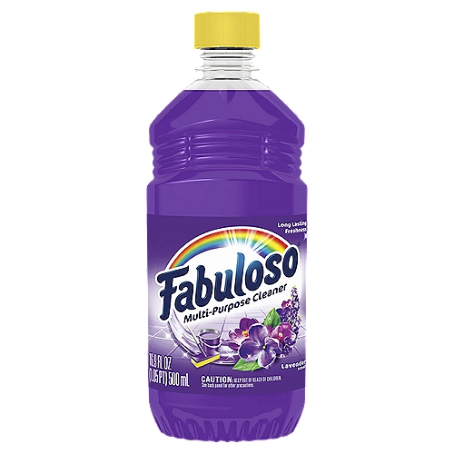 Fabuloso Multi-Purpose Cleaner leaves a fresh scent that lasts. The Lavender fragrance leaves an irresistible scent your family and guests will notice. It comes in a convenient, easy-pour bottle. This Fabuloso cleaner is easy to use, so there is no need to rinse, and it leaves no visible residue. Discover the long-lasting freshness of Fabuloso Multi-Purpose Cleaner that leaves your home shiny, clean, fresh, and fragrant.nnfabuloso, stainless steel, tile, household, shower, all purpose, multi surface, multi purpose, all-purpose, multi-surface, multi-purpose, great smell, floors, floor, dirt, fresh, scent, shiny, best, cleaning products, pourable, environmentally conscious, no residue, air freshener, counter tops, bathrooms, kitchens, house, smelling, value, works, strong, grease, rinse cleannnCleaning Power for Almost Every Surface and Every Room*n*Hard, Non Porous Surfaces