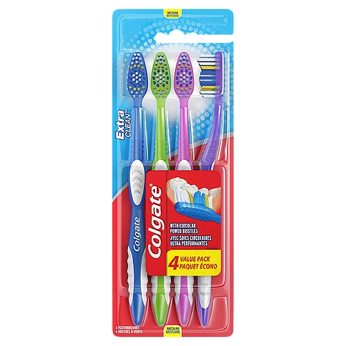 Colgate Extra Clean Toothbrushes Value Pack, Medium, 4 count
Colgate Extra Clean Full Head Medium Toothbrush is designed with circular power bristles to help remove tooth stains. Its cleaning tip bristles effectively reach and clean back teeth and between teeth. This manual toothbrush also has an easy-to-grip handle to provide comfort and control while brushing. Remember to change your toothbrush every 3 months.

teethbrush, tooth, brush, tooth brush, manual, best, value, tongue, cleaner, gums, adult, sensitive, full head, interdental, dentist recommended, gentle, cleans gently, non-electric, mouth care, good, handle, non irritating, oral care, handle
