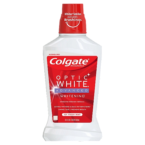 Colgate Optic White Whitening Mouthwash, 2% Hydrogen Peroxide, Fresh Mint - 473 mL, 16 fl.oz.
Actively whitens and seals out new stains*
*Whitens by removing surface stains and helps to prevent new stains between brushings.

Colgate Optic White High Impact White whitening mouthwash, fresh mint, actively whitens teeth and seals out new stains (by removing surface stains and helping to prevent future stains).

Mouth rinse, mouth wash, rinse, whiten, stain removal, no burn, best, bad breath, dental, effective, long lasting, great taste, clean, fresh, without alcohol, mouthwashes, no alcohol, non alcoholic, non fluoride, oral mouthrinse, flavor, sting, burn, bleach, peroxide, healthy, hydrogen peroxide, affordable, at home, bad breath, easy, fast, home remedies, do it yourself, dental stain removal, over the counter, noticeable, beautiful, long lasting, refreshing, lightens, freshen, keeps, gel, pearly, soft toothbrush bristles, medium toothbrush bristles, alcohol free mouthwash no burn of alcohol, oral rinse to kill bad breath germs bacteria, oral rinse gluten free, colgate optic white teeth whitening