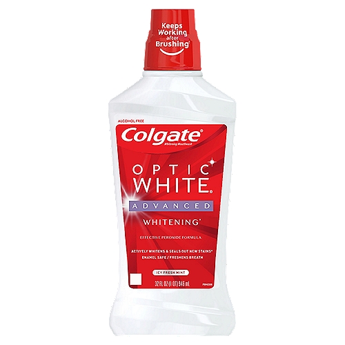 Colgate Optic White Whitening Mouthwash, Fresh Mint - 946 mL, 32 fl.oz.
Actively Whitens & Seals Out New Stains*
*Whitens by removing surface stains and helps to prevent new stains between brushings.

Colgate Optic White High Impact White whitening mouthwash, fresh mint, actively whitens teeth and seals out new stains (by removing surface stains and helping to prevent future stains).

Mouth rinse, mouth wash, rinse, whiten, stain removal, no burn, best, bad breath, dental, effective, long lasting, great taste, clean, fresh, without alcohol, mouthwashes, no alcohol, non alcoholic, non fluoride, oral mouthrinse, flavor, sting, burn, bleach, peroxide, healthy, hydrogen peroxide, affordable, at home, bad breath, easy, fast, home remedies, do it yourself, dental stain removal, over the counter, noticeable, beautiful, long lasting, refreshing, lightens, freshen, keeps, gel, pearly, soft toothbrush bristles, medium toothbrush bristles, alcohol free mouthwash no burn of alcohol, oral rinse to kill bad breath germs bacteria, oral rinse gluten free, colgate optic white teeth whitening