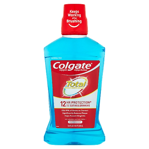 Antigingivitis Antiplaque Mouthwashnn12hr protection* even after eating & drinkingn*Protection against plaque and gingivitis germs when used after brushingnn10x longer lasting cool**n**vs. brushing alonenn• 12-hr protection against germs, even after eating and drinkingn• Kills germs that cause bad breath, plaque and gingivitisn• To promote healthy teeth and gums, use after brushing with Colgate Total® Advanced Toothpaste and ToothbrushnnUsesn• helps prevent and reduce plaque and gingivitisn• helps control plaque bacteria that contribute to the development of gingivitis, an early form of gum disease, and bleeding gumsnnDrug FactsnActive ingredient - PurposenCetylpyridinium chloride 0.075% - Antigingivitis/antiplaque