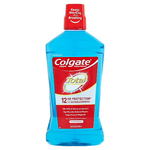 Colgate Total Peppermint Mouthwash, 33.8 fl oz
Antigingivitis Antiplaque Mouthwash

12 hr protection* even after eating & drinking
*Protection against plaque and gingivitis germs when used after brushing

10x longer lasting cool**
**vs. brushing alone

• 12-hr protection against germs, even after eating and drinking
• Kills germs that cause bad breath, plaque and gingivitis
• To promote healthy teeth and gums, use after brushing with Colgate Total® Advanced Toothpaste and Toothbrush

Uses
• helps prevent and reduce plaque and gingivitis
• helps control plaque bacteria that contribute to the development of gingivitis, an early form of gum disease, and bleeding gums

Drug Facts
Active ingredient - Purpose
Cetylpyridinium chloride 0.075% - Antigingivitis/antiplaque