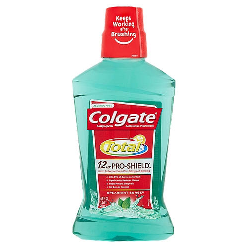Colgate Total Spearmint Surge Mouthwash, 16.9 fl oz
Antigingivitis Antiplaque Mouthwash

12hr Pro-Shield™*
*Protection against plaque and gingivitis germs when used after brushing

• 12-hr protection against germs, even after eating and drinking
• Kills germs that cause bad breath, plaque and gingivitis
• To promote healthy teeth and gums, use after brushing with Colgate Total® Advanced Toothpaste and Toothbrush

Uses
• helps prevent and reduce plaque and gingivitis
• helps control plaque bacteria that contribute to the development of gingivitis, an early form of gum disease, and bleeding gums

Drug Facts
Active ingredient - Purpose
Cetylpyridinium chloride 0.075% - Antigingivitis/antiplaque