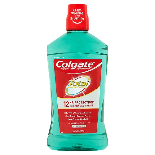 Colgate Total Spearmint Mouthwash, 33.8 fl oz
Antigingivitis Antiplaque Mouthwash

12 hr protection* even after eating & drinking
*Protection against plaque and gingivitis when used after brushing

10x longer lasting cool**
**vs. brushing alone

• 12-hr protection against germs, even after eating and drinking
• Kills germs that cause bad breath, plaque and gingivitis
• To promote healthy teeth and gums, use after brushing with Colgate Total® Advanced Toothpaste and Toothbrush

Uses
• helps prevent and reduce plaque and gingivitis
• helps control plaque bacteria that contribute to the development of gingivitis, an early form of gum disease, and bleeding gums

Drug Facts
Active ingredient - Purpose
Cetylpyridinium chloride 0.075% - Antigingivitis/antiplaque