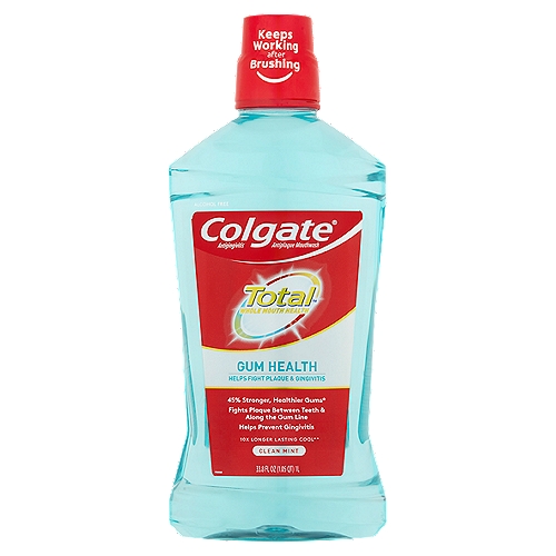 Colgate Total Clean Mint Mouthwash, 33.8 fl oz
Antigingivitis Antiplaque Mouthwash

10x longer lasting cool**
**vs. brushing alone

• Advanced gum protection for 45% stronger, healthier gums*
• To promote healthy teeth and gums, use after brushing with Colgate Total® Advanced Toothpaste and Toothbrush
*Reduction in gingival bleeding vs. a non-antibacterial mouthwash in a 6 week clinical study

Uses
• helps prevent and reduce plaque and gingivitis
• helps control plaque bacteria that contribute to the development of gingivitis, an early form of gum disease, and bleeding gums

Drug Facts
Active ingredient - Purpose
Cetylpyridinium chloride 0.075% - Antigingivitis/antiplaque