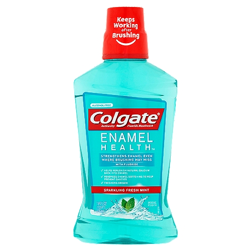 Colgate Enamel Health Sparkling Fresh Mint Mouthwash, 16.9 fl oz
Anticavity Fluoride Mouthwash

• Strengthens enamel even where brushing may miss
• To promote healthy teeth and stronger enamel, use after brushing with Colgate® Enamel Health™ toothpaste and toothbrush

Use
Aids in the prevention of dental cavities

Drug Facts
Active ingredient - Purpose
Sodium fluoride 0.02% (0.01% w/v fluoride ion) - Anticavity