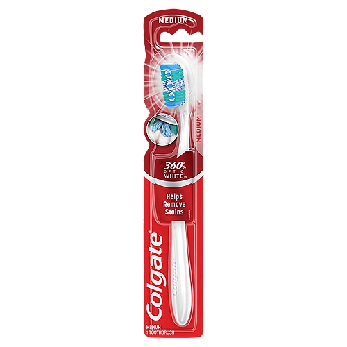 Colgate 360° Optic White Medium Toothbrush
The Colgate 360⁰ Optic White medium manual whitening toothbrush is designed with whitening cups that hold toothpaste to effectively help remove surface stains for a naturally white smile. It also features polishing spiral bristles, a cheek & tongue cleaner, and an ergonomic handle design.

medium toothbrush bristles, colgate optic white teeth whitening, teeth whitening toothbrush, at home teeth whitening, cheek tongue cleaner, full head