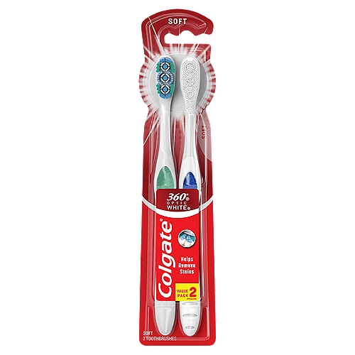 Colgate 360° Optic White Whitening Soft Toothbrush - 2 Count
The Colgate 360⁰ Optic White soft manual whitening toothbrush is designed with whitening cups that hold toothpaste to effectively help remove surface stains for a naturally white smile.

Soft toothbrush bristles, colgate optic white teeth whitening, teeth whitening toothbrush, at home teeth whitening, cheek tongue cleaner, value pack, twin pack, full head

Whitening cups hold toothpaste to help effectively remove surface stains for a whiter smile.
Polishing bristles help to whiten teeth by polishing away surface stains and clean hard to reach areas.

Cleans:
✓ Teeth
✓ Cheeks
✓ Tongue
✓ Gums