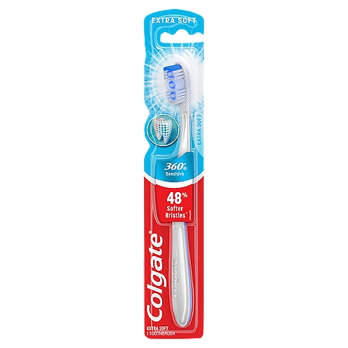 Colgate 360° Sensitive Extra Soft Toothbrush
The Colgate 360⁰ Enamel Health Sensitive manual toothbrush for sensitive teeth has extra soft bristles to help protect enamel surfaces and gums, a raised cleaning tip to help clean hard-to-reach areas and the unique cheek & tongue cleaner that helps remove odor-causing bacteria.

extra soft bristled toothbrush, toothbrush for sensitive teeth and gums, tongue and cheek cleaner, colgate enamel health, compact head