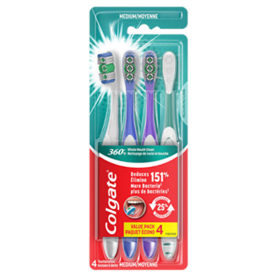 Colgate 360° Adult Toothbrush with Tongue and Cheek Cleaner, Medium - 4 Count