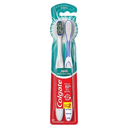 Colgate 360° Whole Mouth Clean Soft Toothbrushes Value Pack, 2 count
The Colgate 360⁰ adult full head toothbrush is designed with soft cleaning bristles and polishing cups that help remove more plaque and stains than an ordinary flat-trim toothbrush. This manual toothbrush has an ergonomic handle design and a unique cheek & tongue cleaner that helps reduce 151% more bacteria that cause bad breath versus brushing teeth alone with an ordinary flat-trim toothbrush.

colgate 360 toothbrush, manual toothbrush, soft toothbrush bristles, adult toothbrush, cheek tongue cleaner, value pack, twin pack, full head