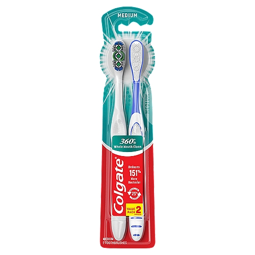 Colgate 360° Toothbrush with Tongue and Cheek Cleaner, Medium - 2 Count
