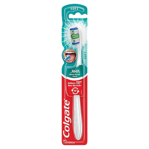 Colgate 360° Whole Mouth Clean Soft Toothbrush
The Colgate 360⁰ adult full head toothbrush is designed with soft cleaning bristles and polishing cups that help remove more plaque and stains than an ordinary flat-trim toothbrush. This manual toothbrush has an ergonomic handle design and a unique cheek & tongue cleaner that help reduce 151% more bacteria that cause bad breath versus brushing teeth alone with an ordinary flat-trim toothbrush.

colgate 360 toothbrush, manual toothbrush, soft toothbrush bristles, adult toothbrush, cheek tongue cleaner, full head