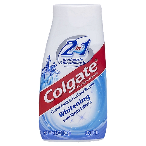 Colgate Whitening 2 in 1 Toothpaste & Mouthwash Liquid Gel, 4.6 oz
Colgate 2-in-1 Whitening Toothpaste Gel and Mouthwash fights cavities like toothpaste, freshens breath like mouthwash, and whitens teeth.

colgate 2 in 1 whitening toothpaste gel, teeth whitening toothpaste, whitening toothpaste and mouthwash, mint toothpaste, gel toothpaste