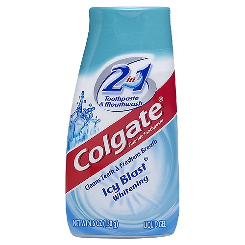 Colgate Icy Blast Whitening 2 in 1 Toothpaste & Mouthwash Liquid Gel, 4.6 oz
Anticavity Flouride Toothpaste

Use helps protect against cavities

Drug Facts
Active ingredient - Purpose
Sodium flouride 0.24% (0.14% w/v flouride ion) - Anticavity