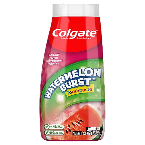 Colgate 2-in-1 Kids Toothpaste & Anticavity Mouthwash, Watermelon Burst, 4.6 ounces
Colgate 2-in-1 Kids Toothpaste & Anticavity Mouthwash is a liquid gel toothpaste, with a great Watermelon Burst flavor, that provides clinically proven cavity and enamel protection and comes in a gel formula.

kids toothpaste and mouthwash, kids mouthwash and toothpaste in one, kids mouthwash, kids toothpaste, watermelon flavored toothpaste, kids gel toothpaste, childrens toothpaste and mouthwash, two in one toothpaste and mouthwash, kids anticavity toothpaste, best kids toothpaste, best kids mouthwash, kids anticavity mouthwash

Anticavity Fluoride Toothpaste

Drug Facts
Active ingredient - Purpose
Sodium fluoride 0.24% (0.15% w/v fluoride ion) - Anticavity

Use
Helps protect against cavities