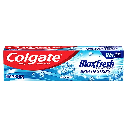 Colgate MaxFresh Cool Mint Toothpaste, 6.0 oz
Anticavity Fluoride Toothpaste

Bursting with Freshness that Lasts for Hours!
Invigorates your brushing experience and leaves your breath feeling fresh for hours.
✓ Fights cavities
✓ Whitens teeth
✓ Freshens breath

Use
Helps protect against cavities

Drug Facts
Active ingredient - Purpose
Sodium fluoride 0.24% (0.15% w/v fluoride ion) - Anticavity