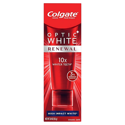 Colgate Optic White Renewal High Impact Teeth Whitening Toothpaste, 3.0 oz
Anticavity Fluoride Toothpaste

Woman's Day - Best Buy Beauty Awards 2020
Award Winner - 2020 NewBeauty® - The Beauty Authority
Good Housekeeping - Best Beauty Wards 2020

Drug Facts
Active ingredient - Purpose
Sodium monofluorophosphate 0.76% (0.12% w/v fluoride ion) - Anticavity

Use
Helps protect against cavities

Get Glowing with Colgate® Optic White® Renewal Toothpaste!
''Dazzling''... ''radiant''... ''goes beyond surface stains''! Our 3% hydrogen peroxide formula provides 10x whiter teeth* while being safe for enamel.
*vs. a fluoride toothpaste without hydrogen peroxide, after 4 weeks of use as directed

Our Patented Whitening Toothpaste Contains 3% Hydrogen Peroxide, Proven to Deeply Whiten Beyond Surface Stains.