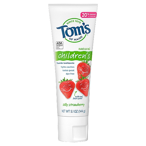 Tom's of Maine Kids Fluoride Natural Toothpaste, Silly Strawberry, 5.1 oz.
Goodbye artificial sparkles and bubble gum flavors. Hello natural cavity protection! Tom's of Maine Natural Kids Fluoride Toothpaste uses calcium and silica to gently clean your little one's teeth. Plus, the yummy Silly Strawberry flavor of this natural children's toothpaste makes brushing fun.

Goodbye artificial sparkles and bubble gum flavors. Hello natural cavity protection! Tom's of Maine Natural Kids Fluoride Toothpaste uses calcium and silica to gently clean your little one's teeth. Plus, the yummy Silly Strawberry flavor of this natural children's toothpaste makes brushing fun. With no artificial flavors, colors or preservatives, this fluoride toothpaste is silly enough for kids and effective enough for parents. And when you're done using your toothpaste, you can recycle the tube! Check to be sure that your tube has the blue recycling flag on it, squeeze out as much of the toothpaste from the tube as you can, replace the cap, and place the tube in your recycling bin.
 
At Tom's of Maine, we want to empower families to live more naturally. With more than 50 years experience combining scientific know-how, naturally derived ingredients and a bit of ingenuity, we make products that are good for you and the planet. As a Certified B Corp, we hold ourselves to the highest social and environmental standards. Plus, we're committed to supporting local communities for meaningful change, donating 10% of our profits to charities supporting health, education and the environment. We call this ''''doing good, for real,'''' and it impacts everything we do.

gums, periodontal, canker sore, plaque, sensitive, thrush, sores, extraction, bad breath, gingivitis, dry mouth, bulk, pack, bundle, wholesale, oral hygiene, sls free, anti cavity, veneers, child, children, toddler, baby, training toothpaste, toddler tooth decay, toothpaste with fluoride for toddlers, infant toothpaste, non mint toothpaste, toothpaste that doesn't burn