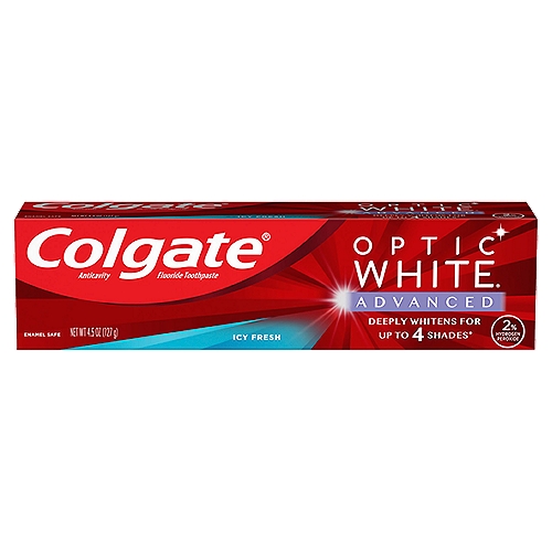 Colgate Optic White Advanced Icy Fresh Teeth Whitening Toothpaste, 4.5 oz
Anticavity Fluoride Toothpaste

Deeply Whitens for Up to 4 Shades*
*when brushing twice daily for 6 weeks

Drug Facts
Active ingredient - Purpose
Sodium monofluorophosphate 0.76% (0.12% w/v fluoride ion) - Anticavity

Use
Helps protect against cavities
