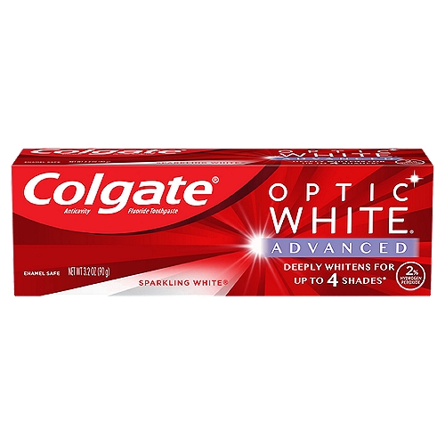 Colgate Optic White Advanced Teeth Whitening Toothpaste, Sparkling White - 3.2 ounce
Anticavity Fluoride Toothpaste

2% Hydrogen Peroxide
Goes Beyond Surface Stains with Our Patented 2% Hydrogen Peroxide Formula

Drug Facts
Active ingredient - Purpose
Sodium monofluorophosphate 0.76% (0.12% w/v fluoride ion) - Anticavity

Use
Helps protect against cavities

Colgate® Optic White® Advanced Teeth Whitening Toothpaste deeply whitens for up to 4 shades, when brushing twice daily for 6 weeks.

Whitening toothpaste, whitening toothpastes, toothpaste, tooth paste, toothpastes, paste, best whitening, strips, cavity protection, great taste, halitosis, teeth, tooth wash, clean, stain removal, bleach, peroxide, healthy, hydrogen peroxide, affordable, at home, baking soda, bad breath, easy, fast, home remedies, do it yourself, dental stain removal, over the counter, noticeable, beautiful, long lasting, refreshing, lightens, freshen, keeps, gel, pearly, whitening strips, fresh breath, white, fluoride toothpaste, vegan toothpaste, teeth whitening toothpaste