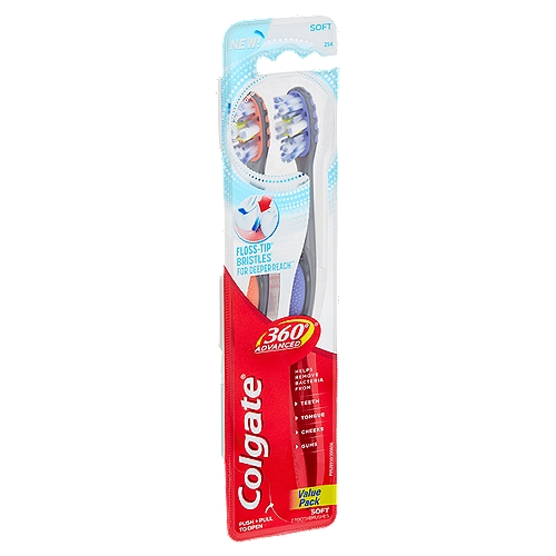 Colgate 360° Advanced Soft Toothbrushes Value Pack, 2 count
Floss-Tip® Bristles* for Deeper Reach**
**Below the gumline compared to an ordinary flat trim toothbrush

Floss-Tip® Bristles* gently reach deep between teeth and along gumline
*This toothbrush does not replace flossing