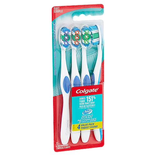 Colgate 360° Soft Toothbrushes Value Pack, 4 count
Reduces 151% More Bacteria†

Unique cheek & tongue cleaner helps reduce 151% more bacteria† from your mouth.
†Bacteria that cause bad breath vs. brushing teeth alone with an ordinary flat-trim toothbrush.

For a Healthier Whole Mouth Clean!‡
‡vs. brushing teeth alone with an ordinary flat trim toothbrush.

Cleaning bristles and polishing cups help remove more plaque and stains than an ordinary flat-trim toothbrush.