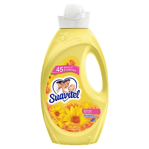 Suavitel Fabric Softener, Morning Sun Scent - 46 fluid ounce
The Suavitel® Fabric Softener with Morning Sun fragrance brings the light, fresh scent of a bright summer morning to every wash. The delightful fragrance will give your clothes a special fresh scent that will last for weeks. This liquid fabric softener provides an incredible softness to your garments. The container includes a handle for easy pouring. There's enough liquid for 39 loads. This fabric softener is also compatible with regular and HE washing machines.

suavitel, softness, freshness, best fragrance, softening, laundry, laundry detergent, softener, laundry supplies, bedding, aroma, best, value, softens, bed sheets, towels, great smell, soothing, long lasting, sensitive, skin, washer, clothes, flowery

Made with love and water dissolves ingredients, dihydrogenated tallowamidoethyl hydroxyethylmonium methosulfate softens fabric fragrances adds a fresh scent, polyquaternium-32 controls thickness, lactic acid pH adjuster, polyquaternium-7 softens fabric, methylisothiazolinone, methylchloroisothiazolinone, octylisothiazolinone maintains shelf life, colorants adds color to product.

HE Compatible† Safe for All Washing Machines.
†Follow the Washer Manufacturer's Use and Care Guide for Proper Dispensing of the Fabric Conditioner.