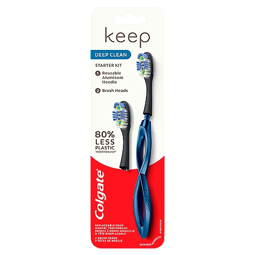 Colgate Keep Manual Toothbrush Deep Clean Starter Kit - Navy
Floss-tip bristles that let you reach 4x deeper†
‡Below the gumline compared to an ordinary flat trim toothbrush

Aluminum handle that lasts a lifetime**
**With normal use

Colgate® Keep is a replaceable head manual toothbrush with a long-lasting aluminum handle for 80% less plastic*.
*Compared to similarly sized Colgate toothbrushes
†This toothbrush does not replace flossing