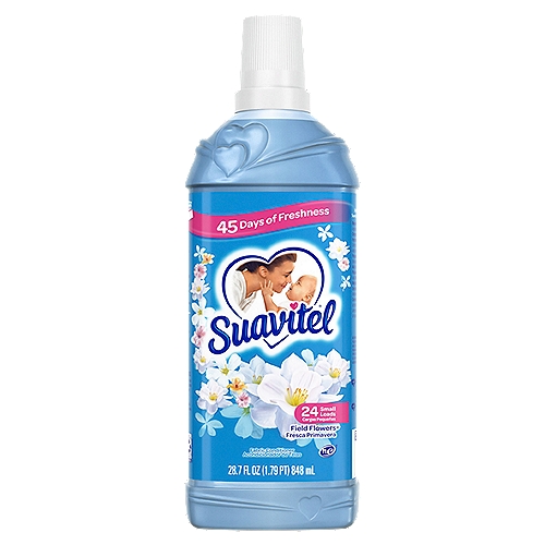Suavitel Fabric Softener, Field Flowers Scent - 28.7 fluid ounce
The Suavitel® Fabric Softener with Field Flowers fragrance brings the crisp, clean scent of a blossoming garden to every wash. The floral essence will give your clothes the special fresh scent of the outdoors that will last for weeks. This liquid fabric softener provides an incredible softness to your garments. There's enough liquid for 24 loads. This fabric softener is also compatible with regular and HE washing machines.

suavitel, softness, freshness, best fragrance, softening, laundry, laundry detergent, softener, laundry supplies, bedding, aroma, best, value, softens, bed sheets, towels, great smell, soothing, long lasting, sensitive, skin, washer, clothes, flowery

Made with love and water dissolves ingredients, dihydrogenated tallowamidoethyl hydroxyethylmonium methosulfate softens fabric, fragrance adds a fresh scent, polyquaterium-32 controls thickness, lactic acid adjusts pH, polyquaterium-7 softens fabric, methylisothiazolinone, methylchloroisothiazolinone, octylisothiazolinone maintains shelf life, colorants adds color to product.