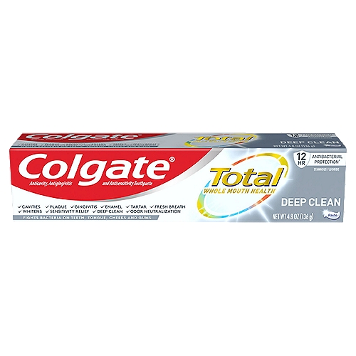 Colgate Total Deep Clean Toothpaste, 4.8 oz
Colgate Total Deep Clean Toothpaste has a breakthrough formula that fights bacteria on teeth, tongue, cheeks and gums for Whole Mouth Health. Colgate Total with stannous fluoride also offers more benefits than ever including sensitivity relief, improved enamel strength* and odor neutralization* (*based on in vitro studies). Fight cavities with the fluoride toothpaste formula. Prevent plaque, tartar, cavities, and gingivitis all with one toothpaste. Colgate's Total Deep Clean Toothpaste builds increasing protection against painful sensitivity of the teeth to cold, heat, acids, sweets, or contact for a clean, healthy smile.