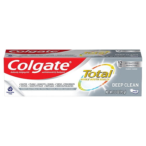 Colgate Total Deep Clean Toothpaste, 3.3 oz
Colgate Total® Deep Clean Toothpaste has a breakthrough formula that fights bacteria on teeth, tongue, cheeks and gums for whole mouth health. Colgate Total® with stannous fluoride also offers more benefits than ever including sensitivity relief, improved enamel strength* and odor neutralization* (*based on in vitro studies).

tooth paste, toothpastes, diabetes, gum disease, protection, best whitening, strips, cavity protection, great taste, halitosis, teeth, tooth wash, clean, stain removal, bleach, peroxide, healthy, hydrogen peroxide, affordable, at home, baking soda, bad breath, easy, fast, home remedies, do it yourself, dental stain removal, over the counter, noticeable, beautiful, long lasting, refreshing, lightens, freshen, keeps, gel, pearly, sensitivity