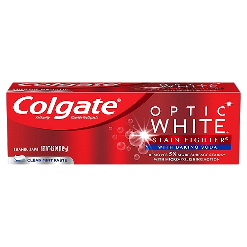 Colgate Optic White Stain Fighter with Baking Soda Stain Removal Whitening Toothpaste Mint 4.2oz
Colgate Optic White Stain Fighter with Baking Soda is a stain removal whitening toothpaste with micro-polishing action to remove 6x more surface stains*. This teeth stain remover contains clinically proven technology that safely removes surface stains and the formula helps prevent new stains from forming, so your teeth stay whiter longer. Enamel-safe for daily use, add this teeth stain removal toothpaste to your oral care routine for teeth whitening and stain fighting. *vs. ordinary non whitening toothpaste, after 2 weeks of continued use

Tooth whitening toothpaste, mint gel toothpaste, gel toothpaste, toothpaste gel, teeth whiteners, stain removers. stain removal toothpaste, cavity protection toothpaste, total toothpaste, charcoal toothpaste, teeth whitening, whitening toothpaste, natural toothpaste, organic toothpaste, spearmint toothpaste, wintergreen toothpaste

Drug Facts
Sodium fluoride 0.24% (0.15% w/v fluoride ion) - Anticavity

Use
Helps protect against cavities