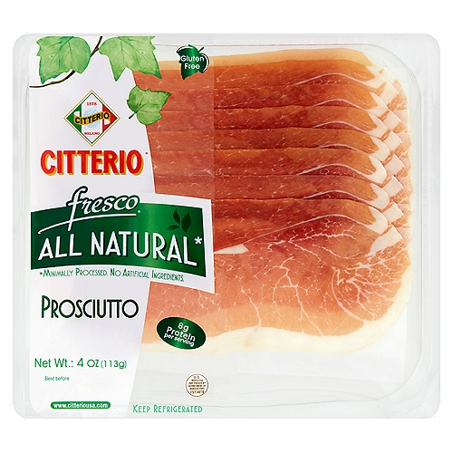 Citterio Fresco All Natural Prosciutto, 4 oz
All natural*
*Minimally processed. No artificial ingredients.

Still made with traditional methods, seasoned, salt-cured and naturally air-dried for up to one year. Citterio Prosciutto has a distinct taste. Only 2 ingredients; pork and salt, for a perfect sweet and savory delicious bite.