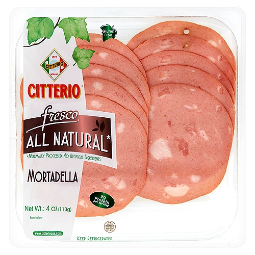 Citterio Fresco Mortadella, 4 oz
All natural*
*Minimally processed. No artificial ingredients.

So very distinctive and aromatic, the typical aroma and softness of our truly Italian-style Mortadella comes from the combination of select meat cuts and the slow cooking process in traditional brick ovens.